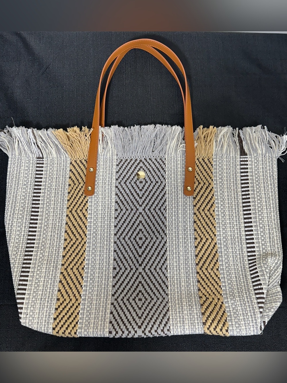 a.n.a. Boho Woven Fringe Tote Bag Striped Diamond Pattern NWOT
